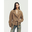 付智恩 摩登时代 机车风双色轻蜡绒感翻领束腰廓形真皮皮衣外套女 奶杏色 M