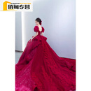 SMVP【高端品质】新娘主婚纱2026新款高级质感红色新款重工孕妇大码法 酒红色拖尾款（送三件套） S