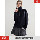 ELLE藏青色拼接大翻领卫衣女2026春季新款高级感小众通勤休闲上衣 藏青 L