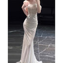 简丹柔鱼尾婚纱法式一字肩轻新娘绝美超仙亮片晚礼服裙重工感迎宾出门纱 白色 M