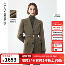 朗姿冬季新款纯羊毛复古人字纹高智西装外套优雅气质收腰西服 卡其绿色2 M