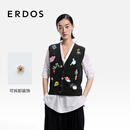 ERDOS 26早春V领提花绒毛混纺针织衫减龄百搭女开衫背心 黑 S 160/80A