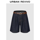 UR2026夏季新款女装魅力复古捏褶明线腰带牛仔短裤UWG860007+ 蓝色 27