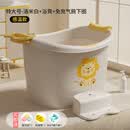 儿童泡澡桶宝宝洗澡桶秋冬天婴儿浴桶可坐洗澡盆小孩游泳家用大号 加厚大号—洛米白+免充气腋下圈【0—15岁数显感温】送
