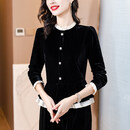 【年终热卖】金丝绒女长袖春冬别致裙摆小衫收腰洋气短上衣 黑色 L （建议105-115斤）
