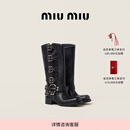 MiuMiu【礼物】缪缪女士牛皮革中筒靴靴子 黑色 37