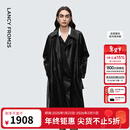 朗姿翻领长款修身双排扣仿皮衣复古摩登通勤外套2025年新款冬衣女 夜幕黑色 M