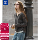 唐狮2025秋女净色小V领假两件长袖T恤