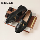 百丽羊皮英伦风乐福小皮鞋2026新款春平底豆豆女单鞋JD021AA6 黑色 37