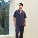美标女夏情侣真丝短袖长裤套装桑蚕丝男女高档丝绸家居服 海军蓝  XL