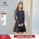 香影假两件针织收腰连衣裙女2026春季新款学院风绞花拼接花苞短裙 中灰 M 160/84A/95-110斤