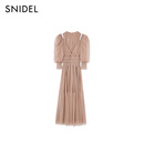 SNIDEL连衣裙女26春夏新品甜美束腰抽褶薄纱泡泡袖露肩SWFO261331 米色 S (0)