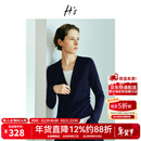 H's撞色修身针织上衣女25秋新款高级设计感休闲V领假两件套头衫 藏青 M