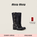 MiuMiu【礼物】缪缪女士牛皮革中筒靴靴子 黑色 37