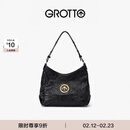 GROTTO个乐经典黑石hobo包大小号植鞣绵羊皮腋下单肩斜挎软包通勤礼物 经典黑 金标S