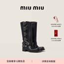 MiuMiu【礼物】缪缪女士牛皮革中筒靴靴子 黑色 37