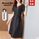 奥丝婕（Aosijie）高端品牌龟纹香云纱连衣裙女2026夏季新款气质显瘦桑蚕丝真丝裙子 黑色（100%桑蚕丝） XL 【120-140斤】