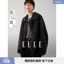 ELLE绵羊毛牛角扣毛绒短外套女2025冬季新款新年复古通勤羊羔毛上衣 深灰 S