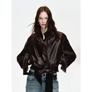 付智恩心动电台 进口油腊绵羊皮双排扣机车风短款真皮皮衣外套女 黑加仑紫 S