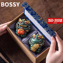 BOSSY故宫风文创招财石狮子一对好事发生创意茶宠摆件工艺品摆件伴手礼 好事发生一对【彩金】带礼盒