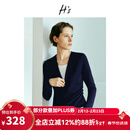 H's撞色修身针织上衣女25秋新款高级设计感休闲V领假两件套头衫 藏青 M