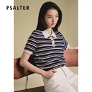 诗篇专选条纹翻领短袖上衣女POLO领薄款短款修身T恤2025夏季新款 藏蓝 M