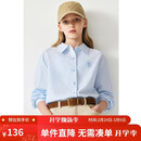 ELLE KIDS老钱风】25年春秋季女童经典款刺绣条纹上衣翻领长袖衬衫 蓝白条