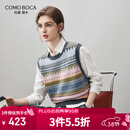 科蒙博卡2025秋冬新款费尔岛提花羊绒背心女装圆领偏厚条纹针织毛衣马甲 深空灰 L