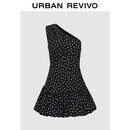 UR2026夏季新款女装魅力复古波点褶皱斜肩连衣裙UWG760016+ 黑色印花 M