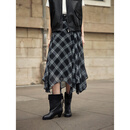 ELLE法式格纹雪纺半身裙女2026春季新款垂感不规则高级感a字裙子 灰格 M