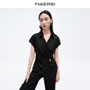 娜尔思（NAERSI）【醋酸】V型翻领延长脖颈短衬衫长裤套装26夏季新款 黑色-ND05531W0 XL