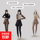 打底裤女外穿春夏瑜伽裤收腹紧身裙裤假两件健身运动网球百褶短裙 深咖色 L