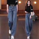 2026春季新款窄版弯刀牛仔裤女高腰显瘦垂感直筒休闲阔腿裤 复古蓝牛仔裤 XL 建议【116-125斤】