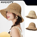 MAGIOPY奢侈品牌2026新款夏季草编渔夫帽女透气显脸小遮阳防晒彩色波点帽 卡其 58cm