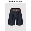 UR2026春季新款女装魅力复古捏褶明线腰带牛仔短裤UWG860007+