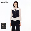 珂莱蒂尔Koradior商场同款2026春新款法式假两件珠钻花边雪纺衫女 暗群青色 L