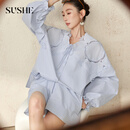 束皙云悠 度假氛围感纯棉重工镂空刺绣V领初夏绝美休闲衬衫短裤套装 清柔蓝-上衣 S