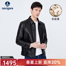 Navigare意大利小帆船真皮皮衣茄克男士春季翻领羊皮夹克翻领时尚外套上衣 暗夜黑 L /50