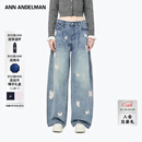 ANN ANDELMAN【张含韵同款】阔腿牛仔裤女秋冬绣花蝴蝶水洗休闲弯刀裤 蓝色 24