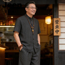 JEEP SPIRIT高端新中式唐装男士夏季短袖衬衫爸爸夏装半袖唐装老人衣服 黑色 M