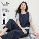 熙世界（sllsky）高智感仿牛仔套装夏季薄款假两件拼色上衣阔腿裤子两件套 宝蓝色 L