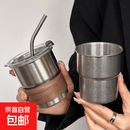 304不锈钢咖啡杯高颜值随手杯带盖防烫茶杯户外露营便携冷饮水 单杯竹套盖子吸管原色