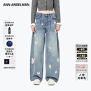ANN ANDELMAN【张含韵同款】阔腿牛仔裤女秋冬绣花蝴蝶水洗休闲弯刀裤 蓝色 24