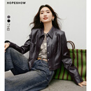 红袖高级黑色pu皮衣秋季2024新款女装正肩翻领机车显瘦通勤气质短外套 黑巧克力0B7 S