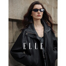 ELLE【旅行者皮衣】高级感立领廓形短外套女2026春新款独特夹克 黑色 S