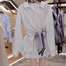 法式chic风长袖丝巾绑带收腰显瘦衬衫女秋季条纹高级感V领上衣 条纹款 L （建议115-130斤）