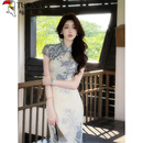 啄木鸟凌茜恣禾【青花瓷】新中式印花改良旗袍洋装女夏季镂空收腰长裙 杏色 旗袍洋装 L 110-120斤