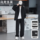 马克华菲男士春秋季新款百搭纯色外套休闲时尚运动套装两件套高级感卫衣潮 黑色(外套+裤子) XL 【140-160斤】