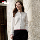 FILA 斐乐官方女士编织外套2026春新款时尚休闲织带麻花毛衣开衫 云菇白-WT L 170/88A/L