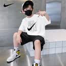 NIKE耐克男童夏套装2026新款帅气时髦夏装儿童休闲运动短袖童装夏季 正黑色【纯棉两件套】 /假一赔十 150 /M 【建议身高140-152cm】